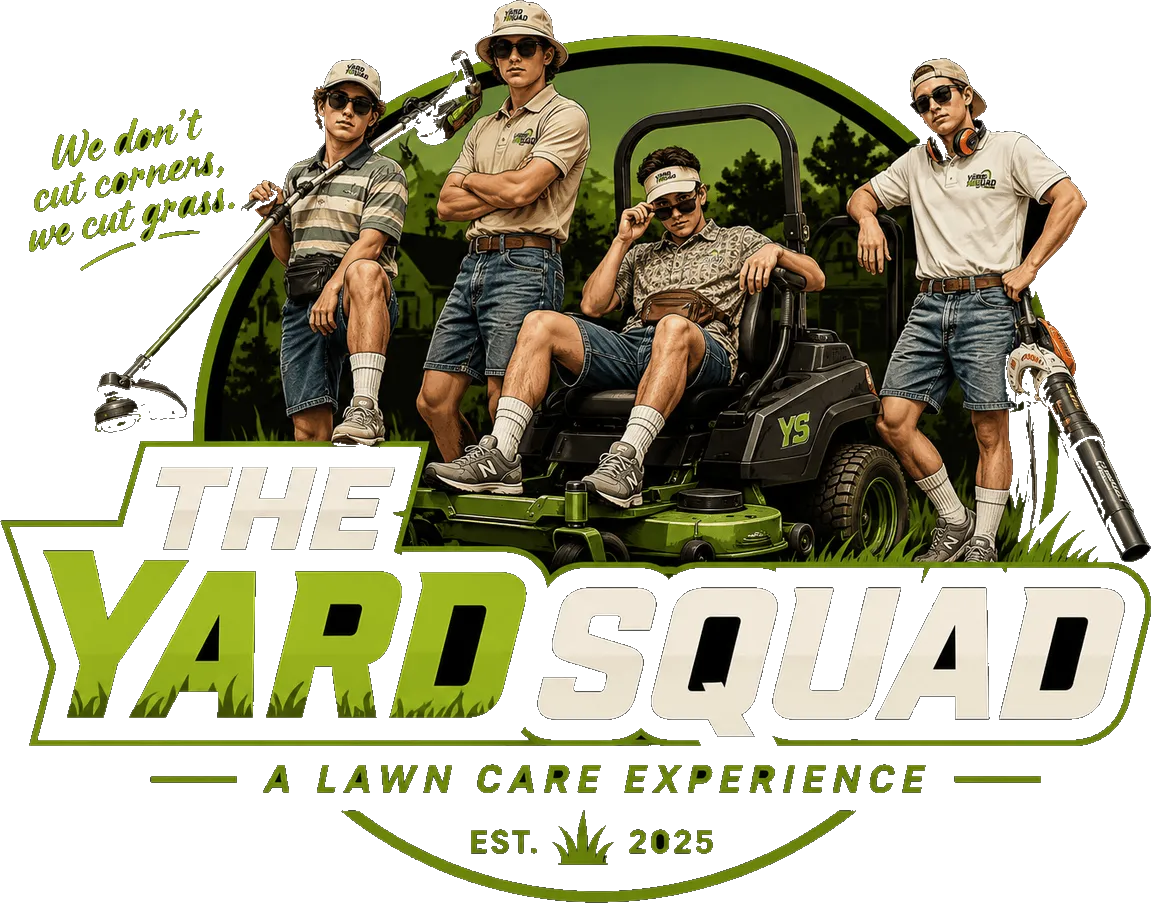 The Yard Squad crew badge: four crew members with a mower, trimmer and blower, above the words The Yard Squad, A Lawn Care Experience