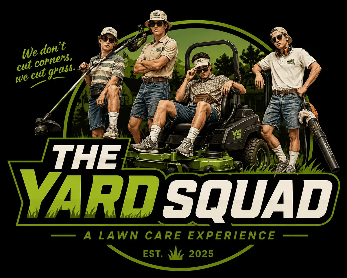 The Yard Squad crew badge: four crew members with a mower, trimmer and blower, above the words The Yard Squad, A Lawn Care Experience, established 2025